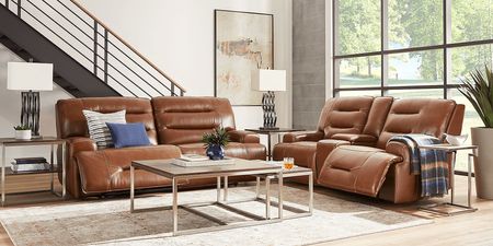 Farona Caramel Leather Dual Power Reclining Sofa