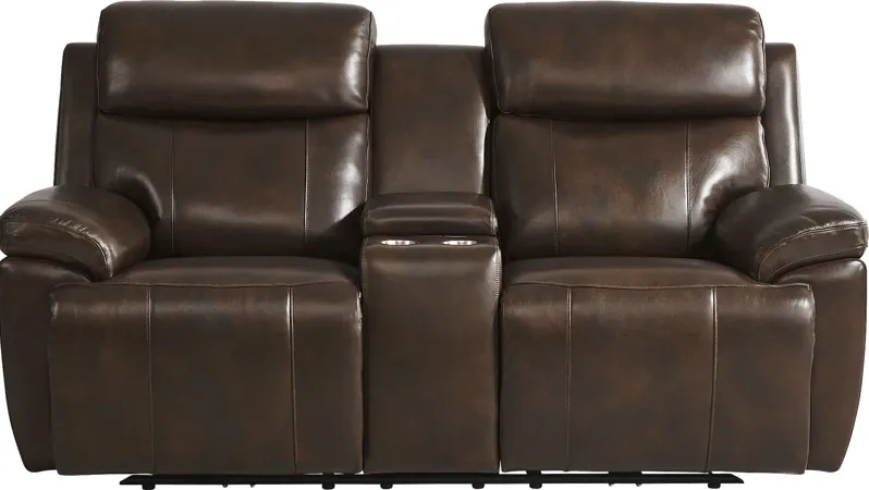 Barolo Brown Leather Triple Power Reclining Console Loveseat