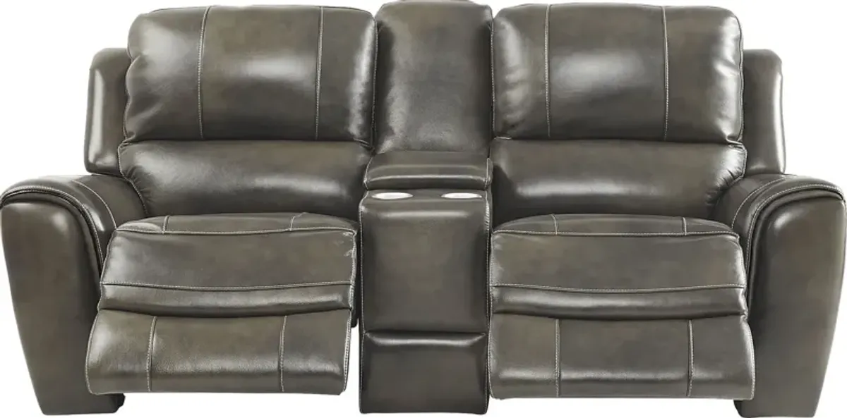 Lanzo Gray Leather Dual Power Reclining Console Loveseat