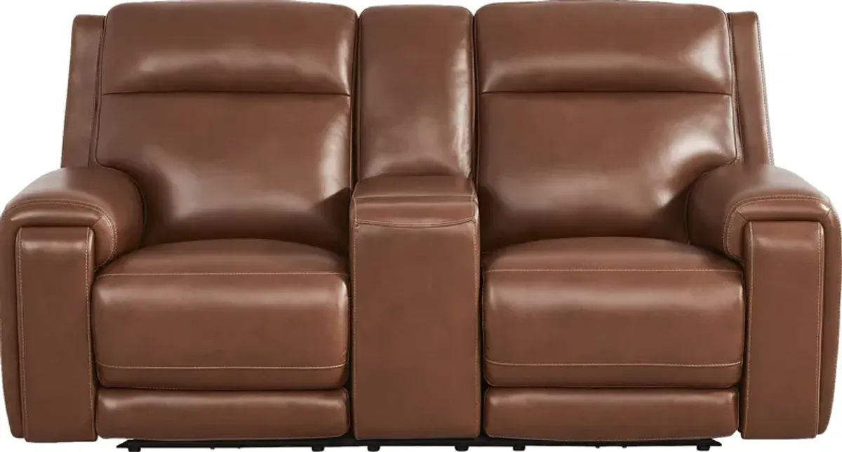 Hammond Park Brown Leather Triple Power Reclining Console Loveseat
