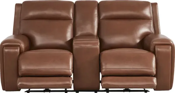 Hammond Park Brown Leather Triple Power Reclining Console Loveseat