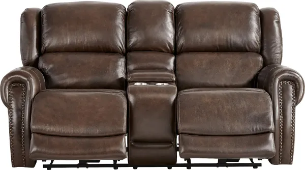 Churchill Brown Dual Power Reclining Leather Loveseat