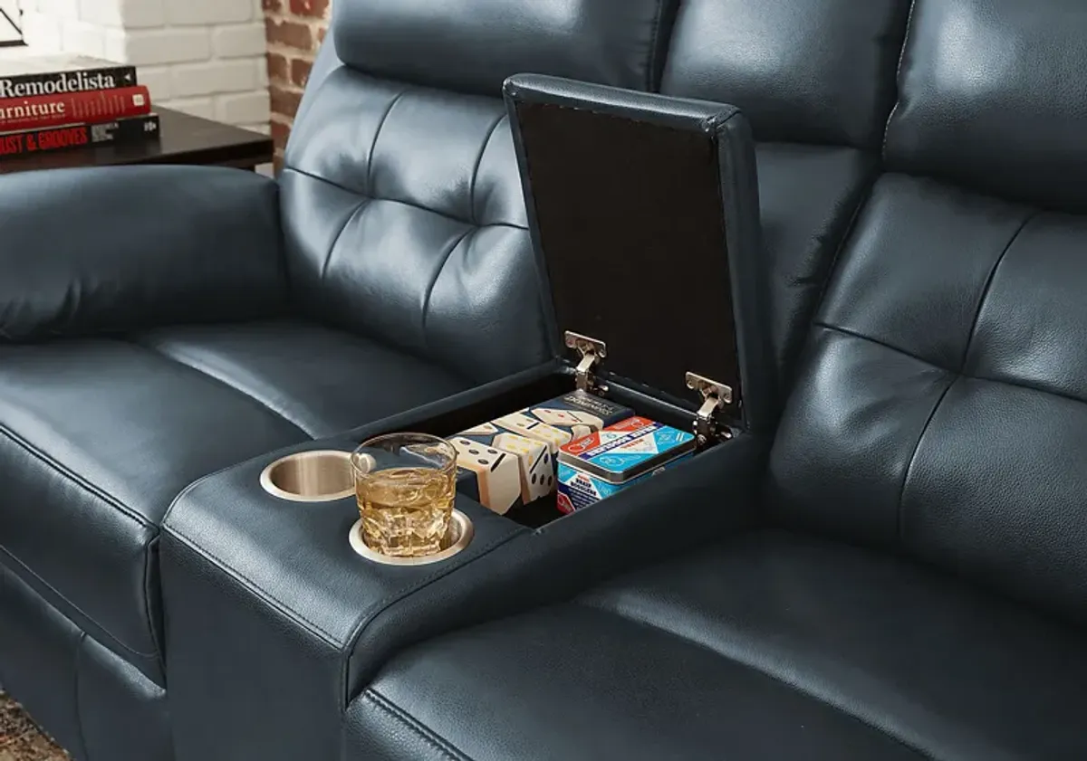 Antonin Blue Leather Reclining Console Loveseat