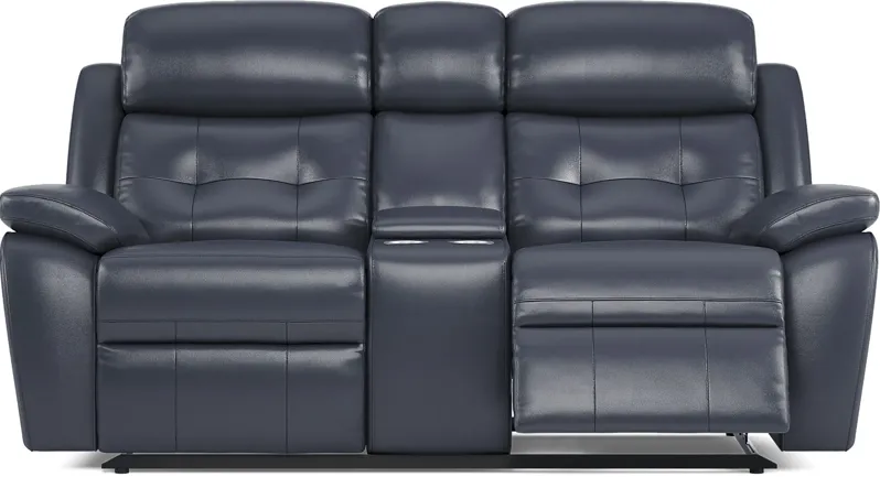 Antonin Blue Leather Reclining Console Loveseat