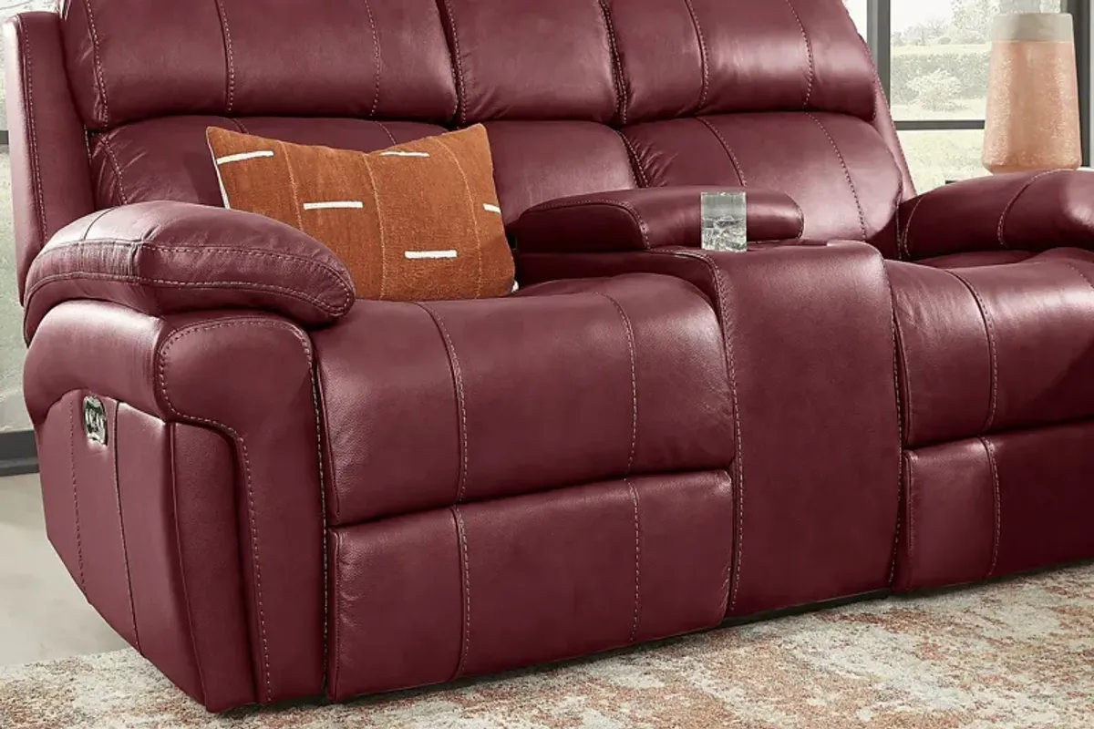 Trevino Place Burgundy Leather Dual Power Reclining Console Loveseat