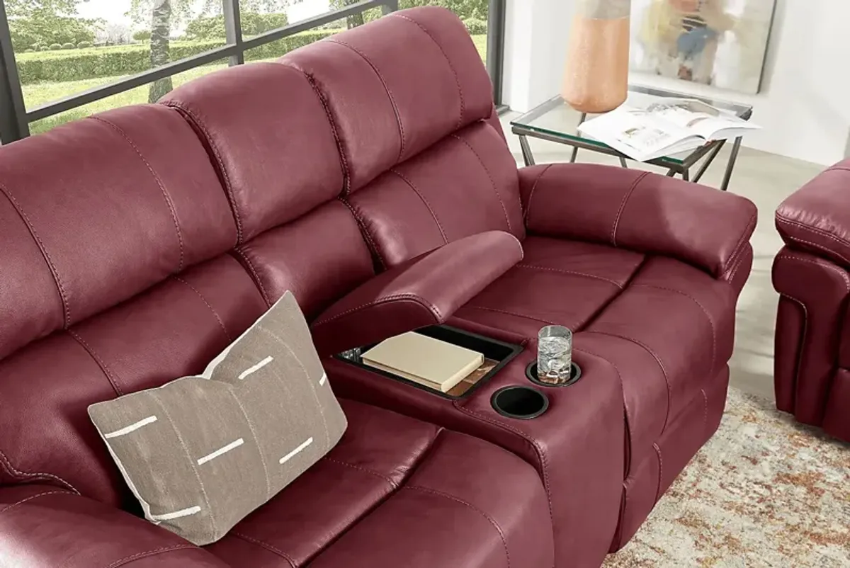 Trevino Place Burgundy Leather Dual Power Reclining Console Loveseat