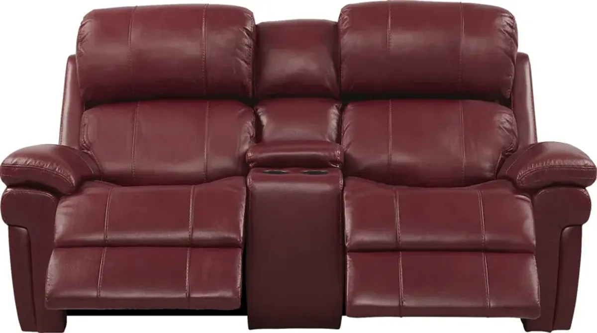 Trevino Place Burgundy Leather Dual Power Reclining Console Loveseat