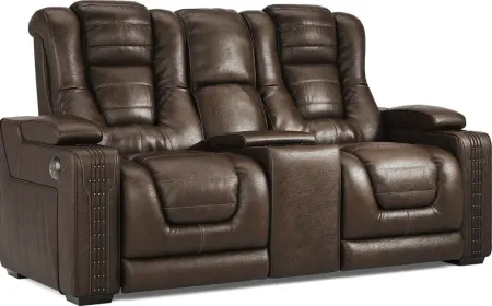 Renegade Brown Leather Dual Power Reclining Console Loveseat