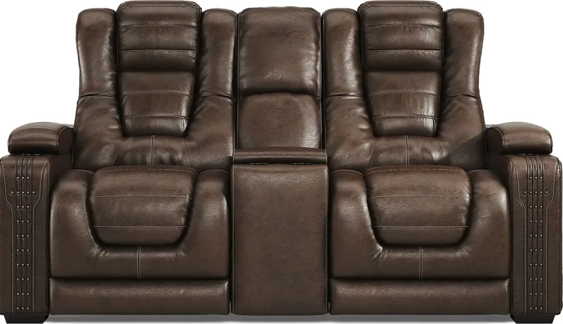 Renegade Brown Leather Dual Power Reclining Console Loveseat