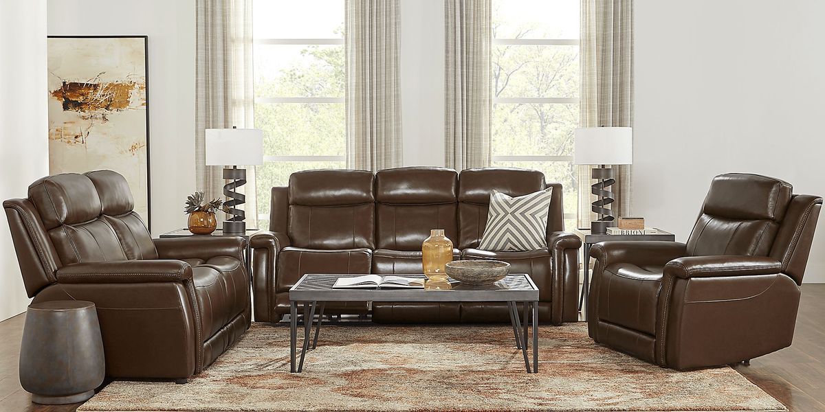 Orsini Brown Leather 8 Pc Living Room with Dual Power Reclining Sofa