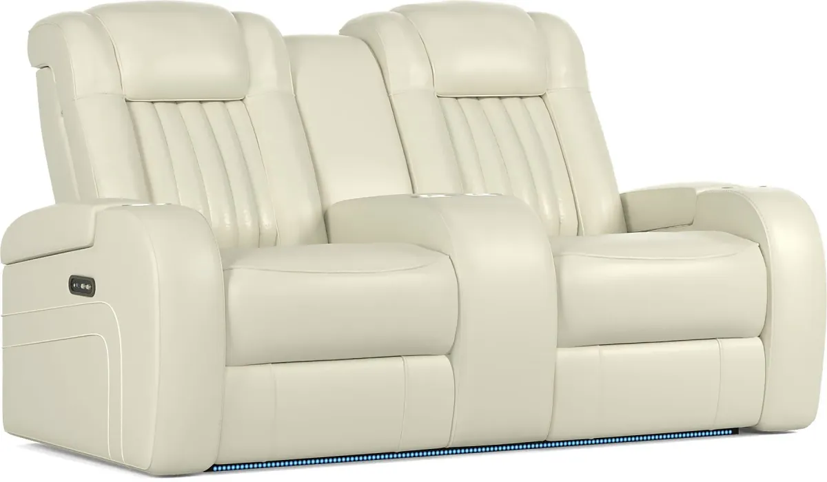 Cenova Ivory Leather Dual Power Reclining Console Loveseat