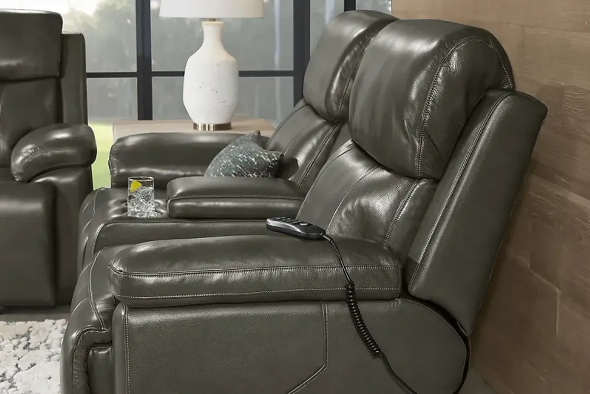 Barolo Dark Gray Leather Triple Power Reclining Console Loveseat with Massage and Heat