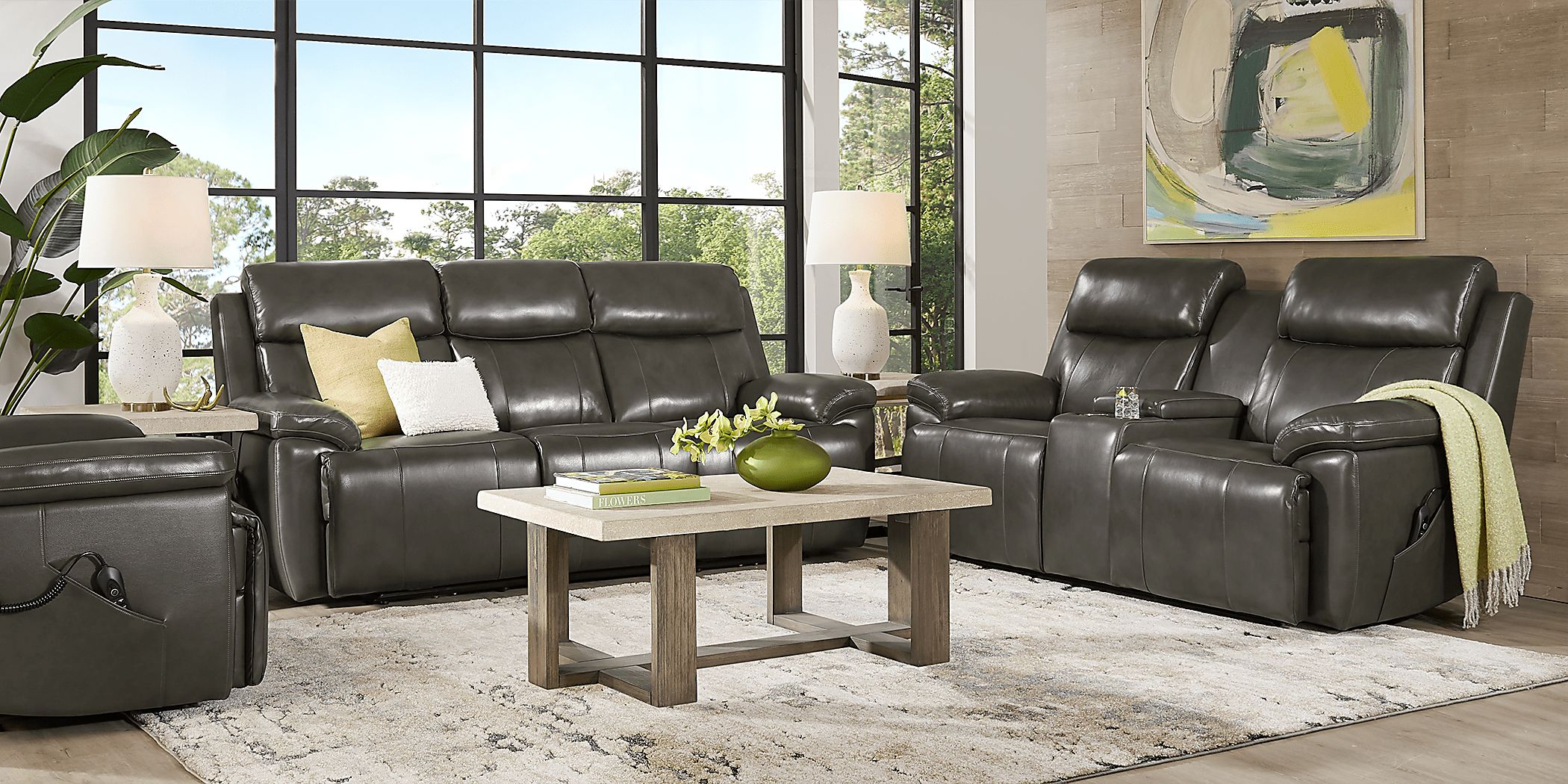 Barolo Dark Gray Leather Triple Power Reclining Console Loveseat with Massage and Heat