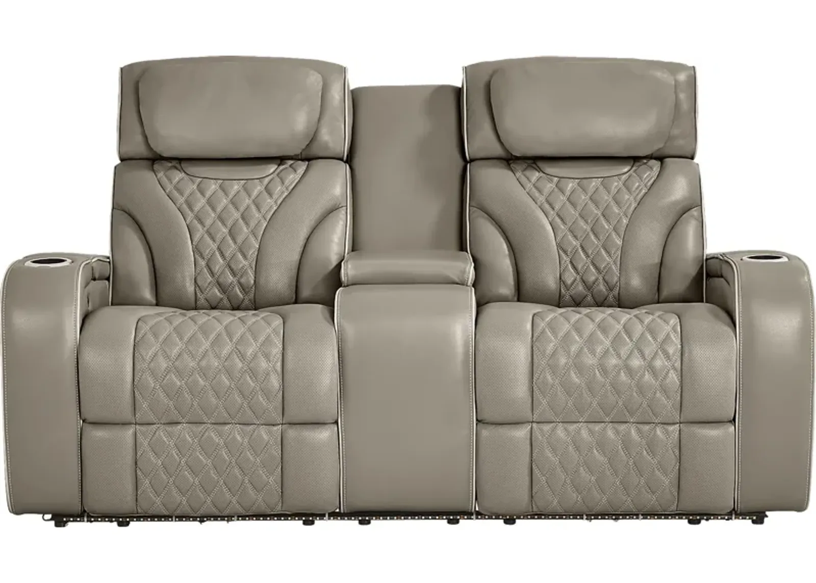 Horizon Ridge Beige Leather Triple Power Reclining Console Loveseat with Massage and Heat