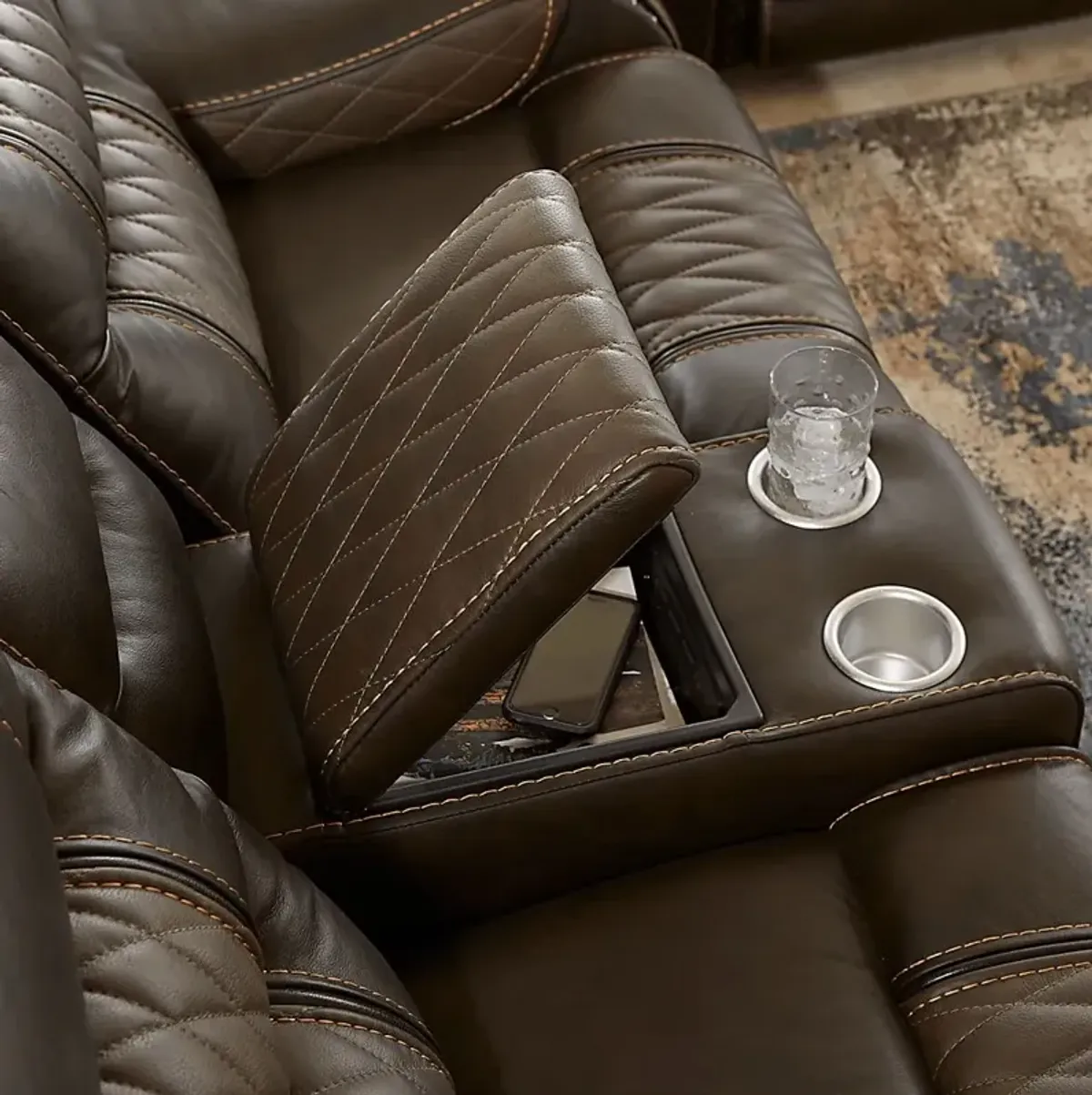 Headliner Brown Leather Dual Power Reclining Console Loveseat