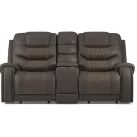 Headliner Brown Leather Dual Power Reclining Console Loveseat