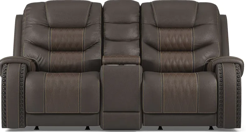 Headliner Brown Leather Dual Power Reclining Console Loveseat