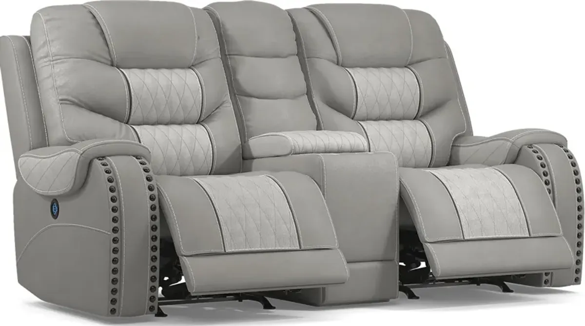 Headliner Gray Leather Dual Power Reclining Console Loveseat