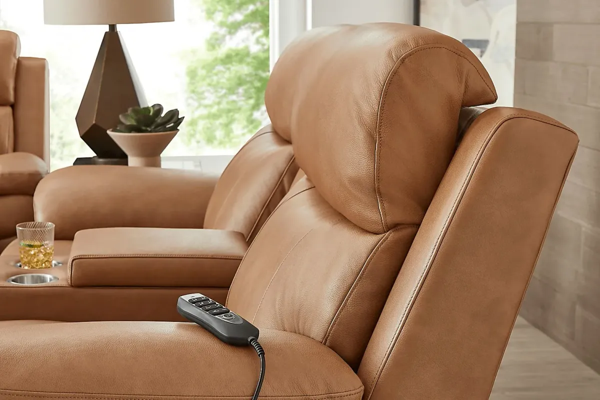 Eastmann Saddle Leather Triple Power Reclining Console Loveseat with Air Massage