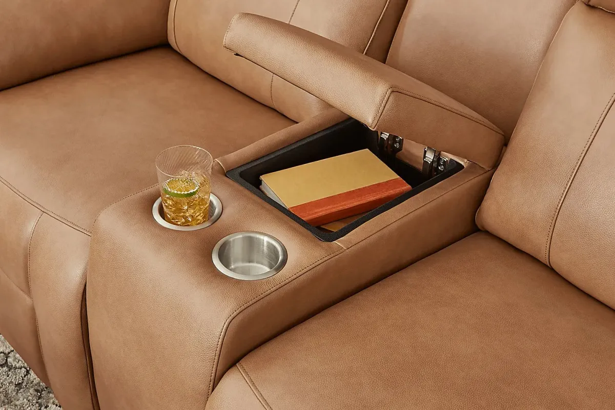 Eastmann Saddle Leather Triple Power Reclining Console Loveseat with Air Massage