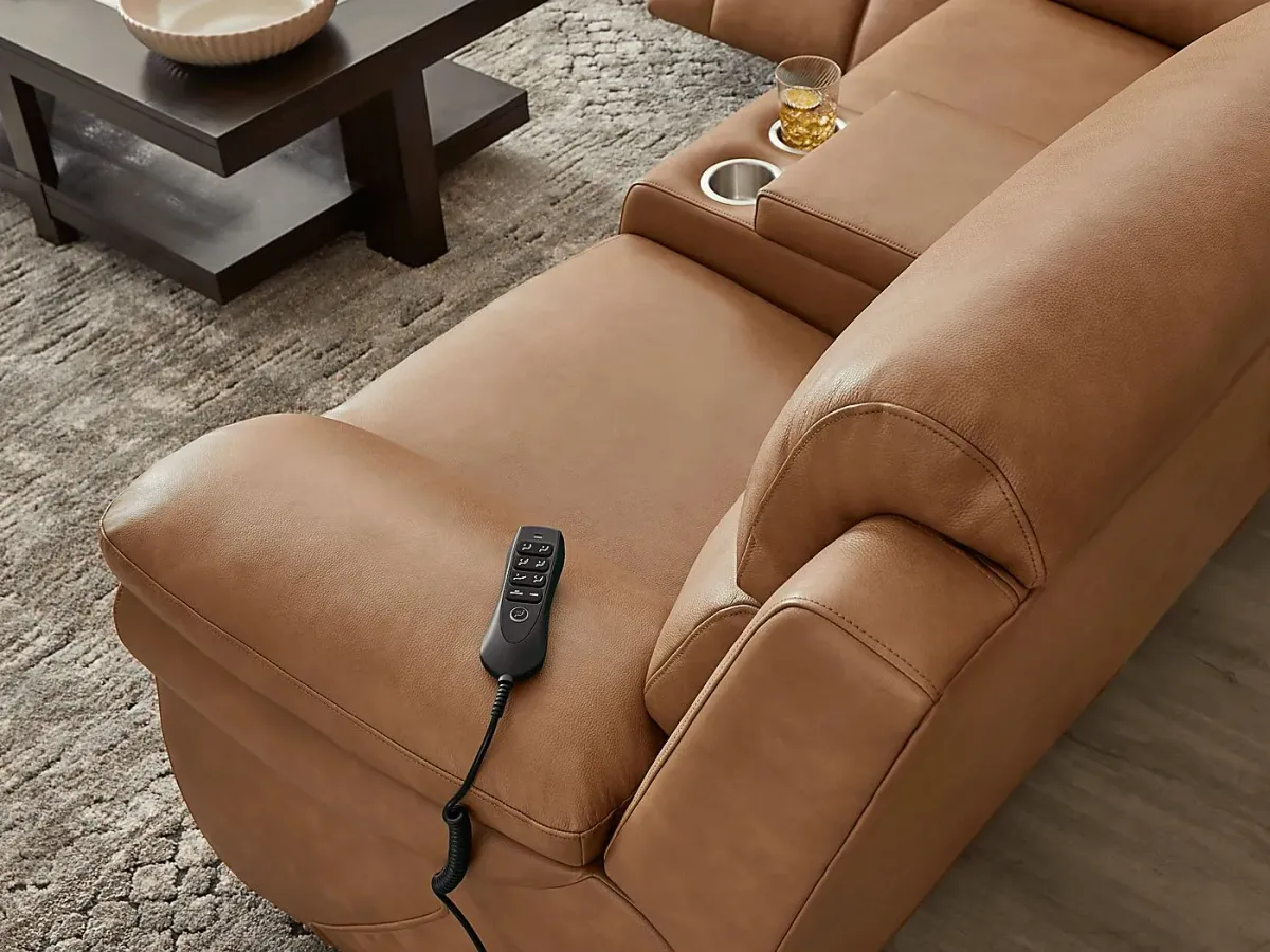 Eastmann Saddle Leather Triple Power Reclining Console Loveseat with Air Massage