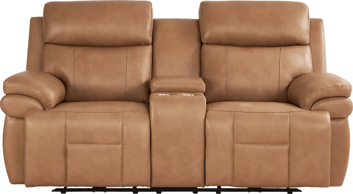 Eastmann Saddle Leather Triple Power Reclining Console Loveseat with Air Massage