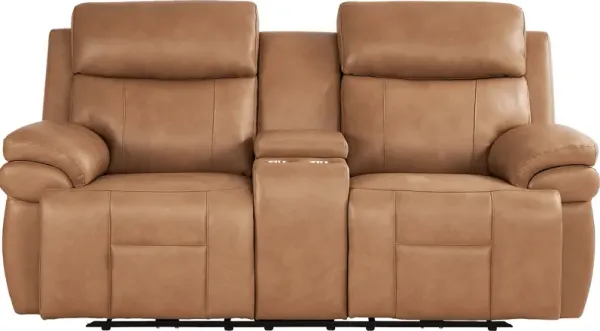 Eastmann Saddle Leather Triple Power Reclining Console Loveseat with Air Massage