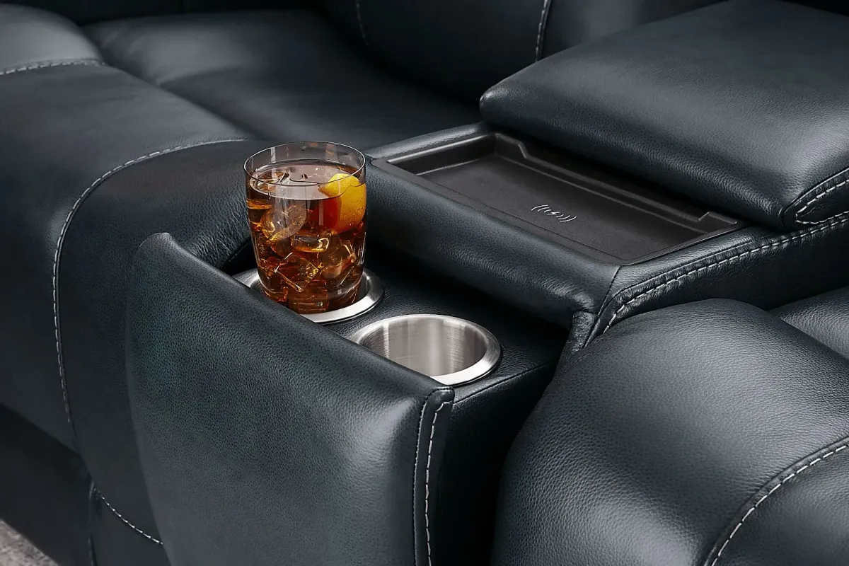 Matthews Cove Blue Leather Triple Power Reclining Console Loveseat