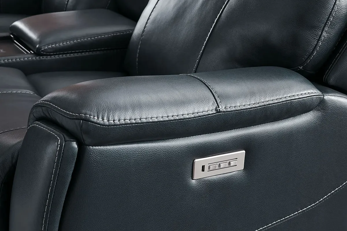 Matthews Cove Blue Leather Triple Power Reclining Console Loveseat