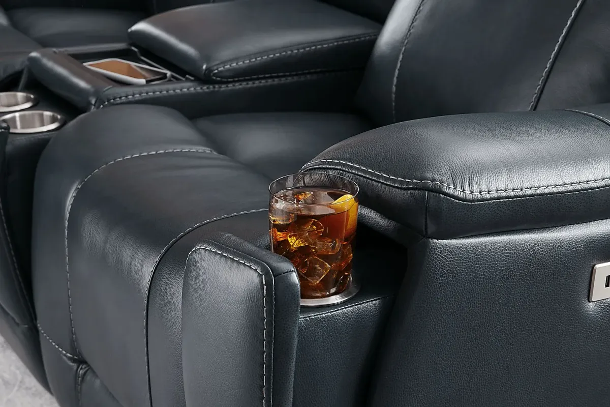 Matthews Cove Blue Leather Triple Power Reclining Console Loveseat