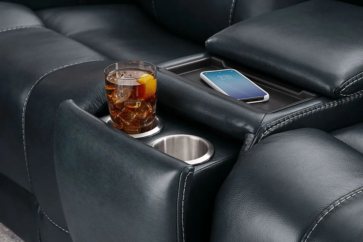 Matthews Cove Blue Leather Triple Power Reclining Console Loveseat