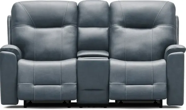 Matthews Cove Blue Leather Triple Power Reclining Console Loveseat