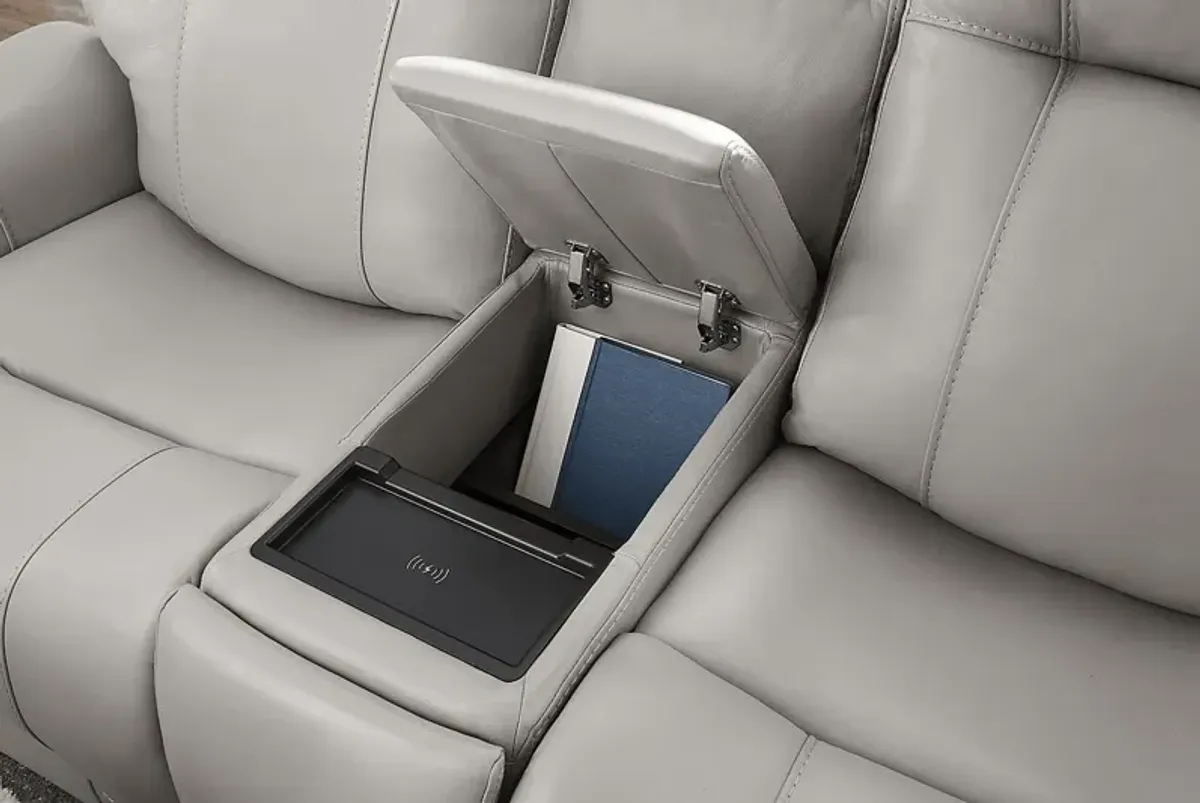 Matthews Cove Dove Gray Leather Triple Power Reclining Console Loveseat