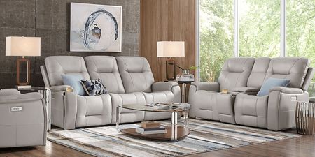 Matthews Cove Dove Gray Leather Triple Power Reclining Console Loveseat