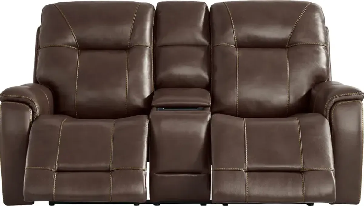 Matthews Cove Brown Leather Triple Power Reclining Console Loveseat