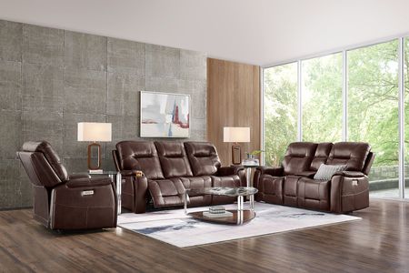 Matthews Cove Brown Leather Triple Power Reclining Console Loveseat