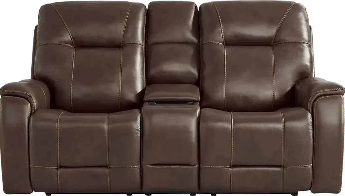 Matthews Cove Brown Leather Triple Power Reclining Console Loveseat