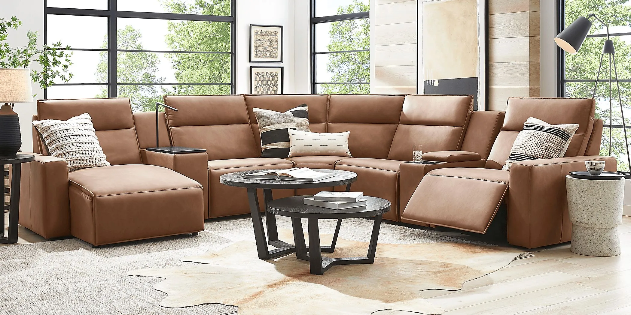 ModularTwo Saddle 7 Pc Dual Power Reclining Sectional with Media and Wood Top Consoles