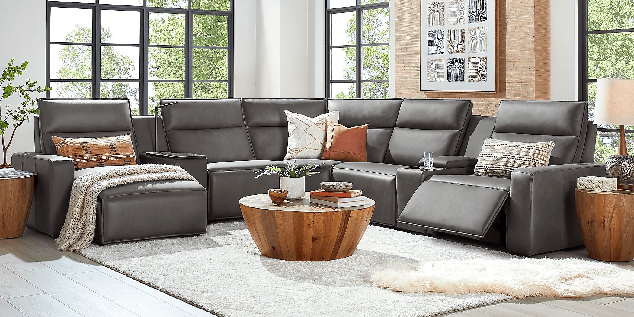 ModularTwo Charcoal 7 Pc Dual Power Reclining Sectional with Media and Wood Top Consoles