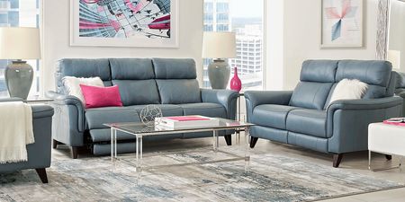 Avezzano Blue Leather 5 Pc Living Room with Dual Power Reclining Sofa