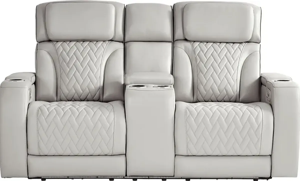Port Royal Gray Leather Triple Power Reclining Console Loveseat