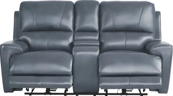 Fremont Blue Leather Dual Power Reclining Console Loveseat