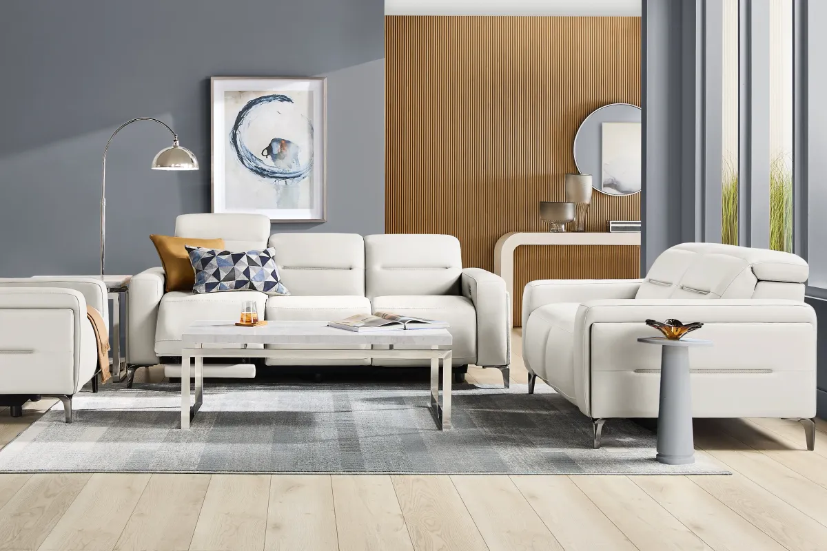 Amalfi White Leather 7 Pc Living Room with Dual Power Reclining Sofa