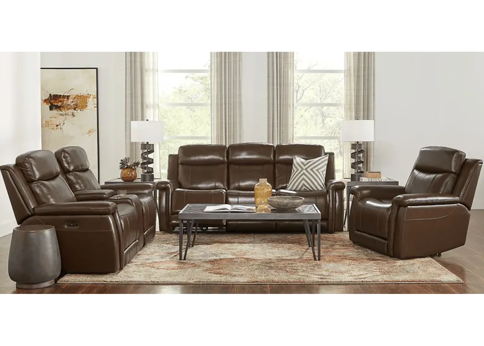 Orsini Brown Leather 7 Pc Dual Power Reclining Living Room