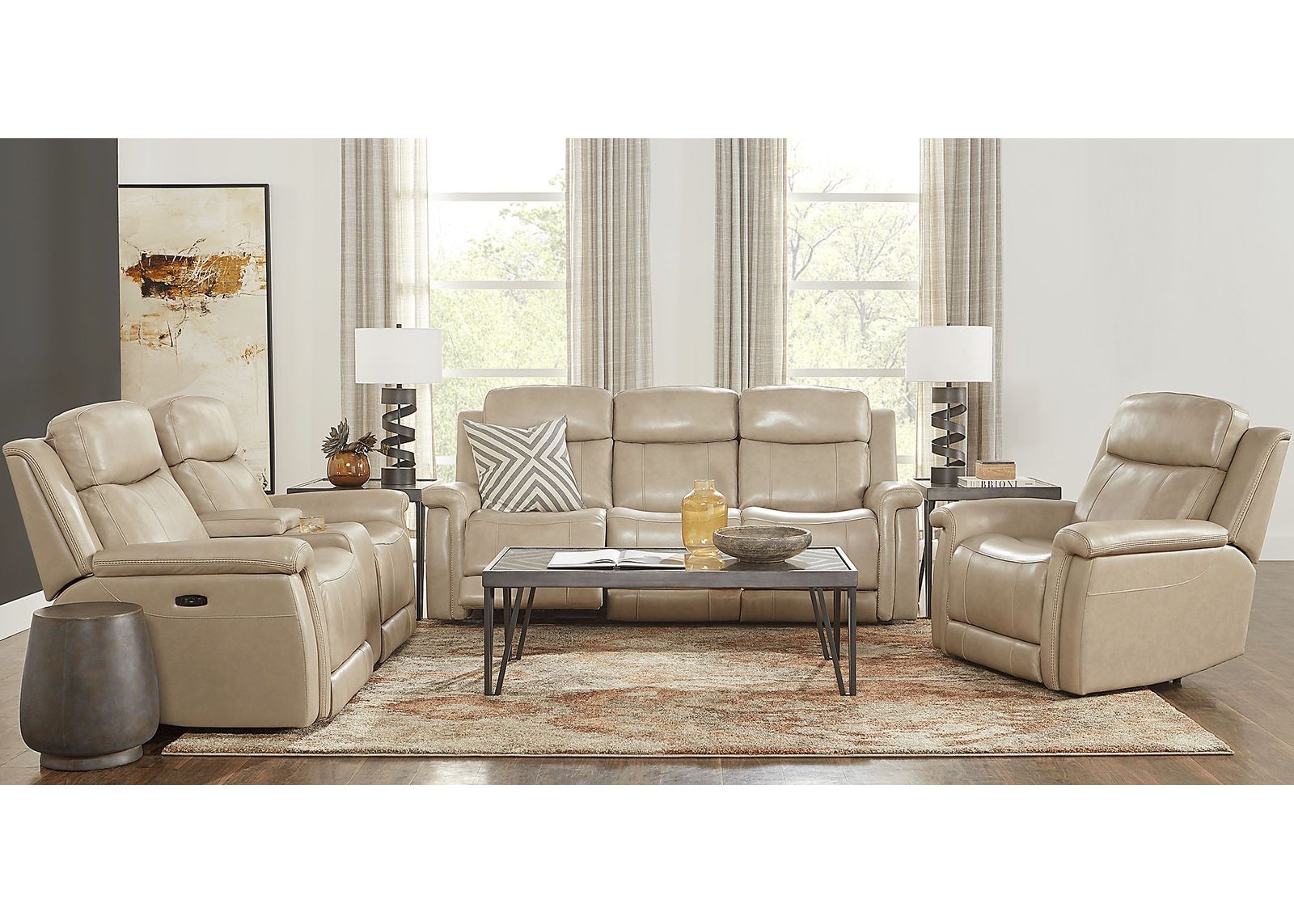 Orsini Beige Leather 7 Pc Dual Power Reclining Living Room