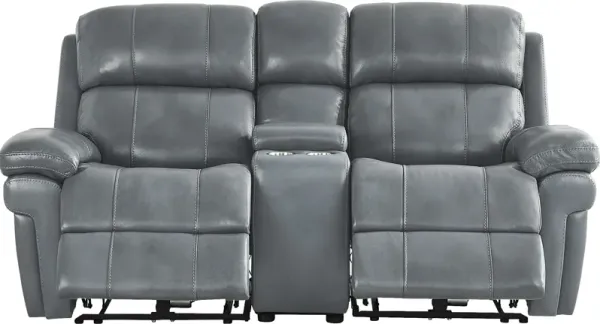 Trevino Lane Blue Leather Dual Power Reclining Console Loveseat