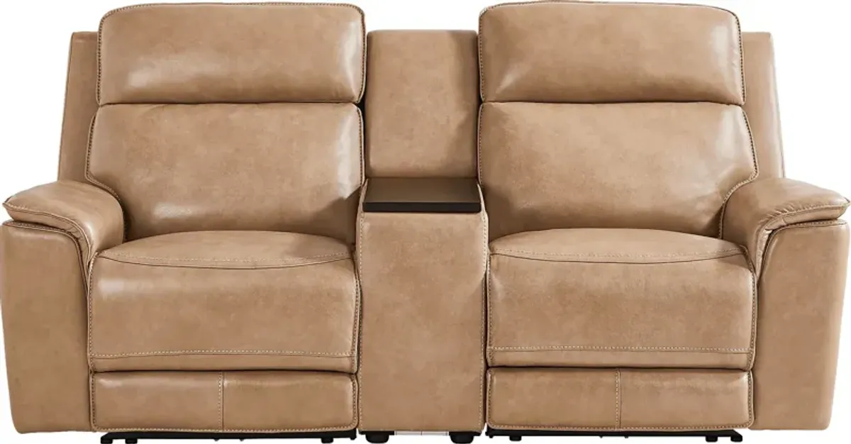 Magellan Sand Leather Dual Power Reclining Console Loveseat