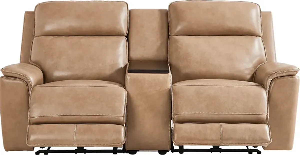 Magellan Sand Leather Dual Power Reclining Console Loveseat