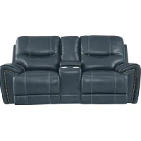 Italo Blue Leather Dual Power Reclining Console Loveseat