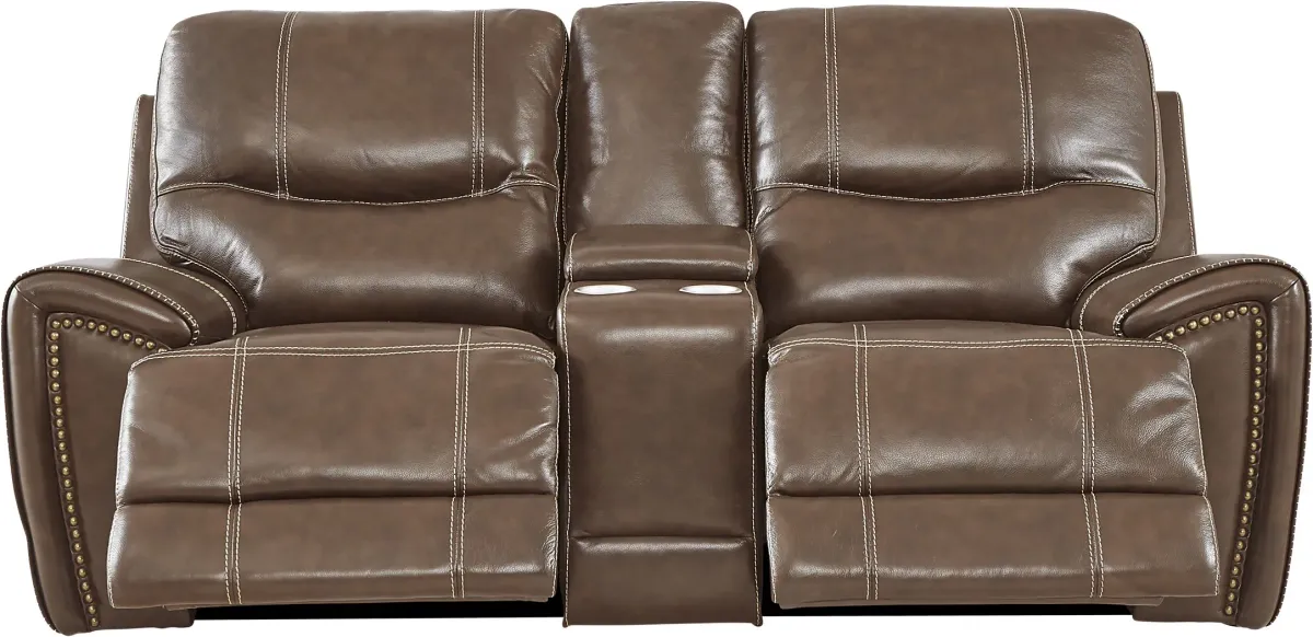 Italo Brown Leather Dual Power Reclining Console Loveseat